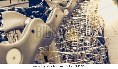 Close Up A Row Of Velib In Paris, A Public Bike Rental