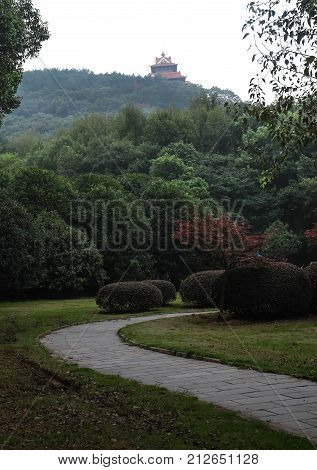Oct 06 2017: The Old Fortress at Moshan Park Wuhan China. Made from red stone and it's old. This park is for relax and travel in the center of Wuhan. And it's specific name.