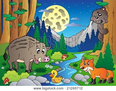 Scena della foresta con vari animali 4 - illustrazione vettoriale.