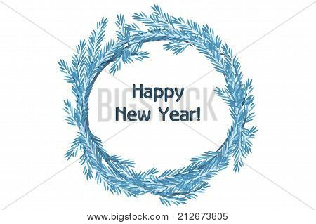 Traditional cartoon vector blue wreath spruce Happy New Year