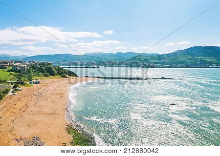 A top view on the beach of Algorta of the Atlantic ocean in Bilbao on the North of Spain.