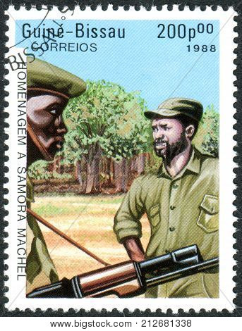 GUINEA - BISSAU - CIRCA 1988: A stamp printed in Guinea-Bissau show a President of Mozambique Samora Machel circa 1988