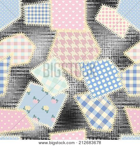 Seamless background pattern. Imitation of a retro patchwork pattern on a rough canvas fabric texture.