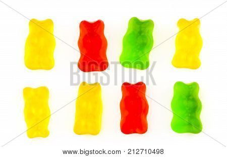 Green Yellow Red Gummy Bears Isolated On A White Background
