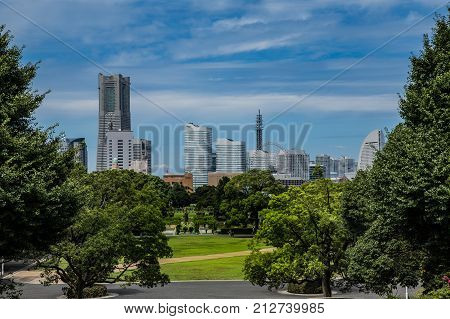 The Yokohama skyline as seen from Yamashita Park. Landmark Tower is visible on the left.