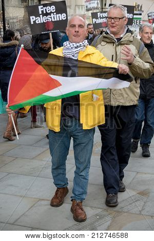 4th November 2017 London United Kingdom:-Pro Palestine demonstrators march through London against the Balfour declaration of 1917 and the on going Israeli occupation
