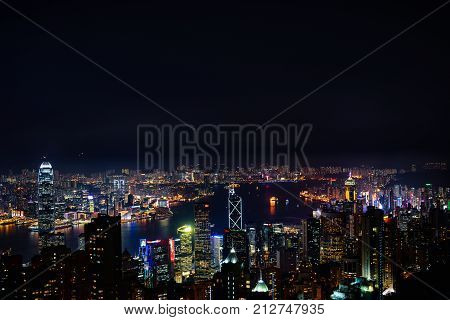 A Scenic Night View Of The Skyscarpers Of Hong Kong, From Victoria's Peak