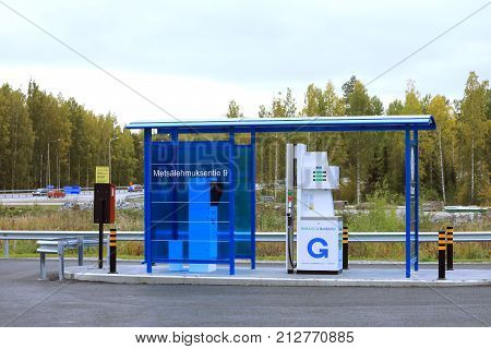 JYVASKYLA FINLAND - SEPTEMBER 22 2017: Gasum gas filling station in Jyvaskyla Finland. The station serves both cars and heavy duty vehicles and offers CNG biogas and LNG for fuel.