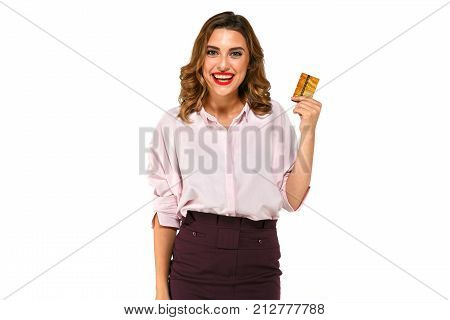 Happy Woman With Credit Card In Hand On White Background