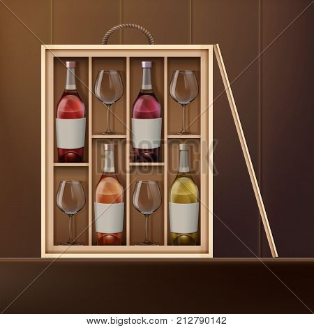 Vector wine bottles and wine glasses inside wooden box on shelf. Front view