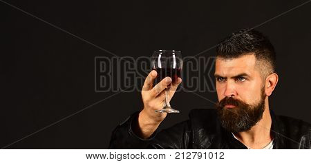 Sommelier Tastes Expensive Drink. Man With Beard Holds Wineglass