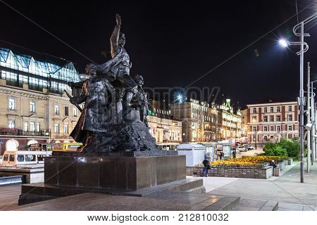 Russia, Vladivostok, 06 07 2017. - Memorial to the Fighters for the Soviet Power in the Far East on central square of down town. Seagull is sitting on the top of monument.