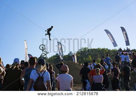 Kalnica, Slovakia - May 27 2017: Unknown Extreme Rider Performs Courageous Trick In Slopestyle Compe