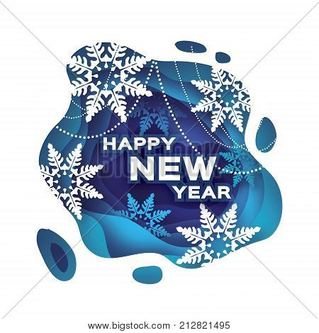 Blue Happy New Year Greetings card. Snowfall. Paper cut snow flake. Merry Christmas invitation. Winter snowflakes Garland. Text. Layered tonnel wave background. Shadows box. Vector illustration.