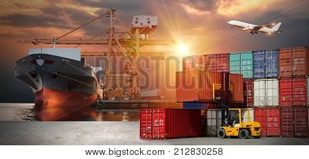 Logistics And Transportation Of Container Cargo Ship And Cargo Plane With Working Crane Bridge In Sh