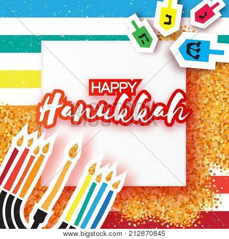 Colorful Origami Happy Hanukkah Greeting card on gold glitter background. Hanuka juish vector illustration. jewish menorah. Hanuka candles symbol. Square frame for text. Vector illustration