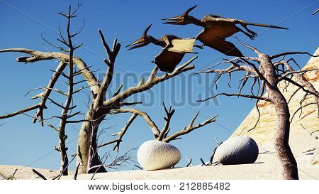 Egg and pterodactyl 3d rendering