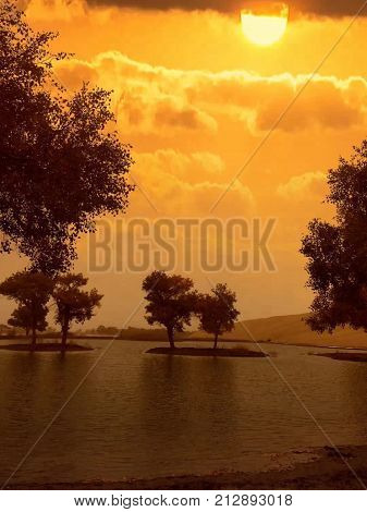 under gloaming shine upon, the trees in the lake look more magnificent and straight.