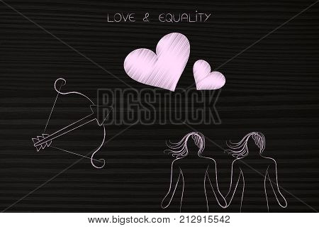 Lesbian Homosexual Couple Holding Hands With Cupid's Bow And Loveheart Symbols