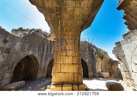 Remnants of castle on the Golan Heights near the Israeli border with Syria. The Nimrod Fortress National Park of Israel on the slopes of mount Hermon.