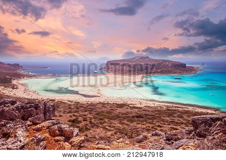 Balos beach, Greece island. Sunset over Balos lagoon on Crete.