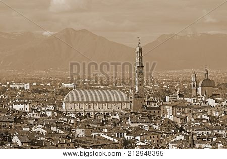 Vicenza City In Italy With Sepia Effect And The Famous Monument