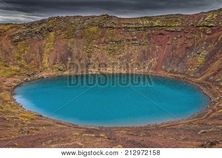 Lake Kerid beautiful panoramic view in Southern Iceland