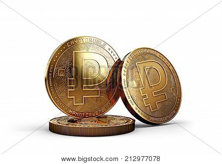 Crypto ruble cryptocurrency physical coins concept isolated on white background. Concept coin. 3D rendering