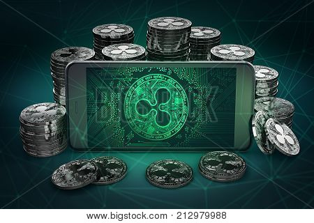 Ripple coin symbol on-screen among piles of Ripple coins. 3D rendering