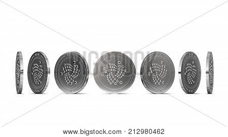 Silver IOTA coin shown from seven angles isolated on white background. Easy to cut out and use particular coin angle. 3D rendering