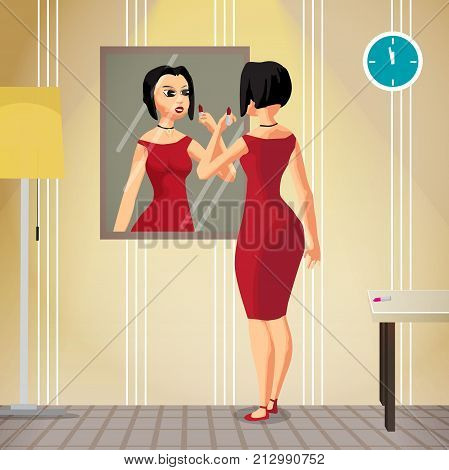 Beautiful woman applying red lipstick standing in front of a mirror. Girl uses lipgloss. Flat cartoon vector illustration