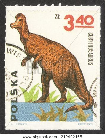 MOSCOW RUSSIA - CIRCA OCTOBER 2017: a post stamp printed in POLAND shows Corythosaurus the series "The Prehistoric Animals" circa 1965
