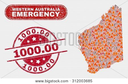 Vector Composition Of Firestorm Western Australia Map And Red Rounded Scratched 1000.00 Seal Stamp. 
