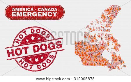 Vector Collage Of Hazard Canada V2 Map And Red Round Grunge Hot Dogs Stamp. Emergency Canada V2 Map 