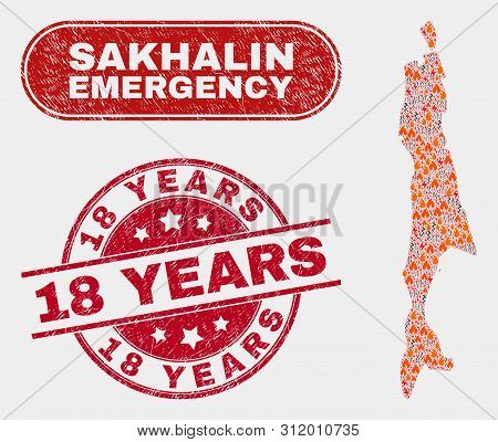 Vector Collage Of Firestorm Sakhalin Island Map And Red Round Distress 18 Years Watermark. Emergency