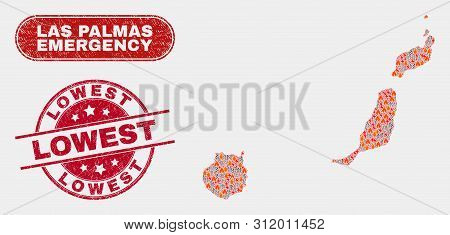 Vector Composition Of Wildfire Las Palmas Province Map And Red Round Scratched Lowest Stamp. Emergen