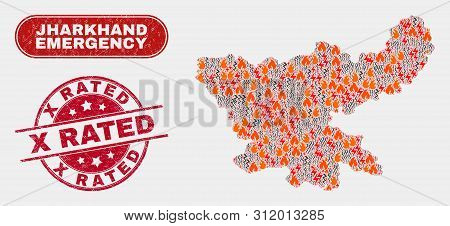 Vector Composition Of Hazard Jharkhand State Map And Red Rounded Textured X Rated Watermark. Emergen