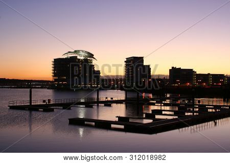 A Cardiff Bay Cardiff Caerdydd Wales Uk Dusk Night Sunset