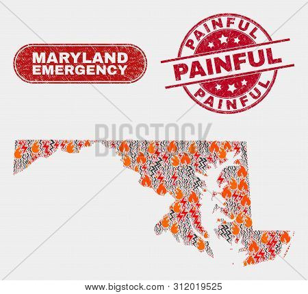 Vector Composition Of Firestorm Maryland State Map And Red Round Grunge Painful Seal Stamp. Emergenc