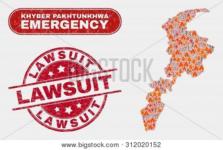 Vector Collage Of Disaster Khyber Pakhtunkhwa Province Map And Red Rounded Distress Lawsuit Stamp. E