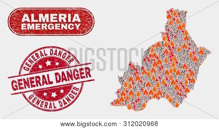 Vector Collage Of Disaster Almeria Province Map And Red Rounded Scratched General Danger Watermark. 