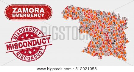 Vector Collage Of Firestorm Zamora Province Map And Red Rounded Distress Misconduct Watermark. Emerg