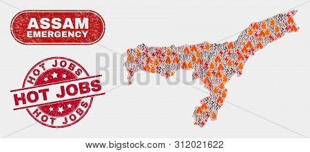 Vector Composition Of Danger Assam State Map And Red Rounded Distress Hot Jobs Stamp. Emergency Assa