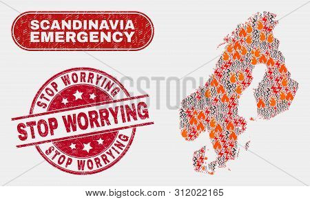Vector Collage Of Firestorm Scandinavia Map And Red Rounded Grunge Stop Worrying Watermark. Emergenc