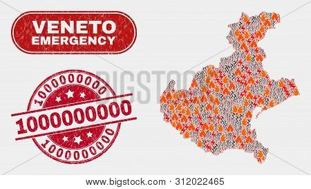 Vector Collage Of Wildfire Veneto Region Map And Red Round Scratched 1000000000 Seal Stamp. Emergenc