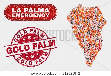 Vector Collage Of Firestorm La Palma Island Map And Red Rounded Textured Gold Palm Seal. Emergency L