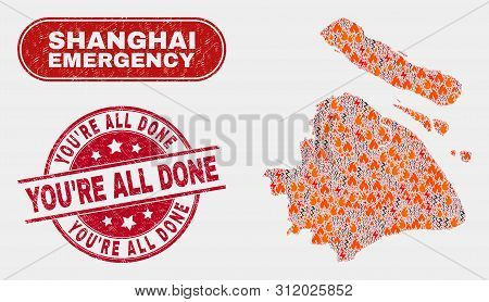 Vector Composition Of Firestorm Shanghai City Map And Red Round Grunge You're All Done Seal Stamp. E