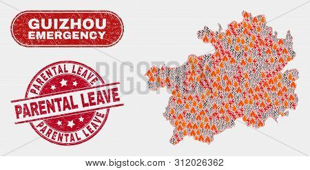 Vector Collage Of Danger Guizhou Province Map And Red Rounded Scratched Parental Leave Stamp. Emerge
