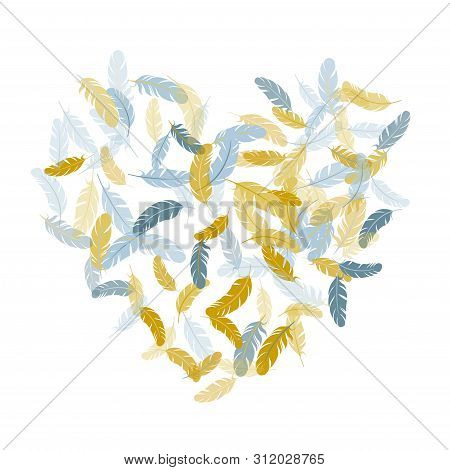 Fashoinable Silver Gold Feathers Vector Background. Flying Feather Elements Airy Vector Design. Quil