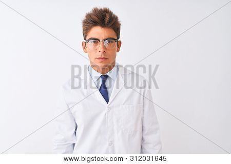 Young handsome sciencist man wearing glasses and coat over isolated white background skeptic and nervous, frowning upset because of problem. Negative person.